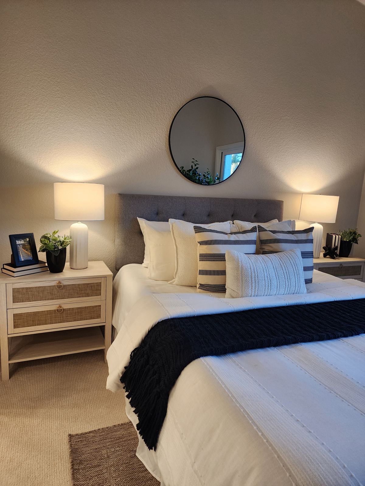 Staged primary bedroom in a Laguna Woods condo — vacant home staging by Staging OC