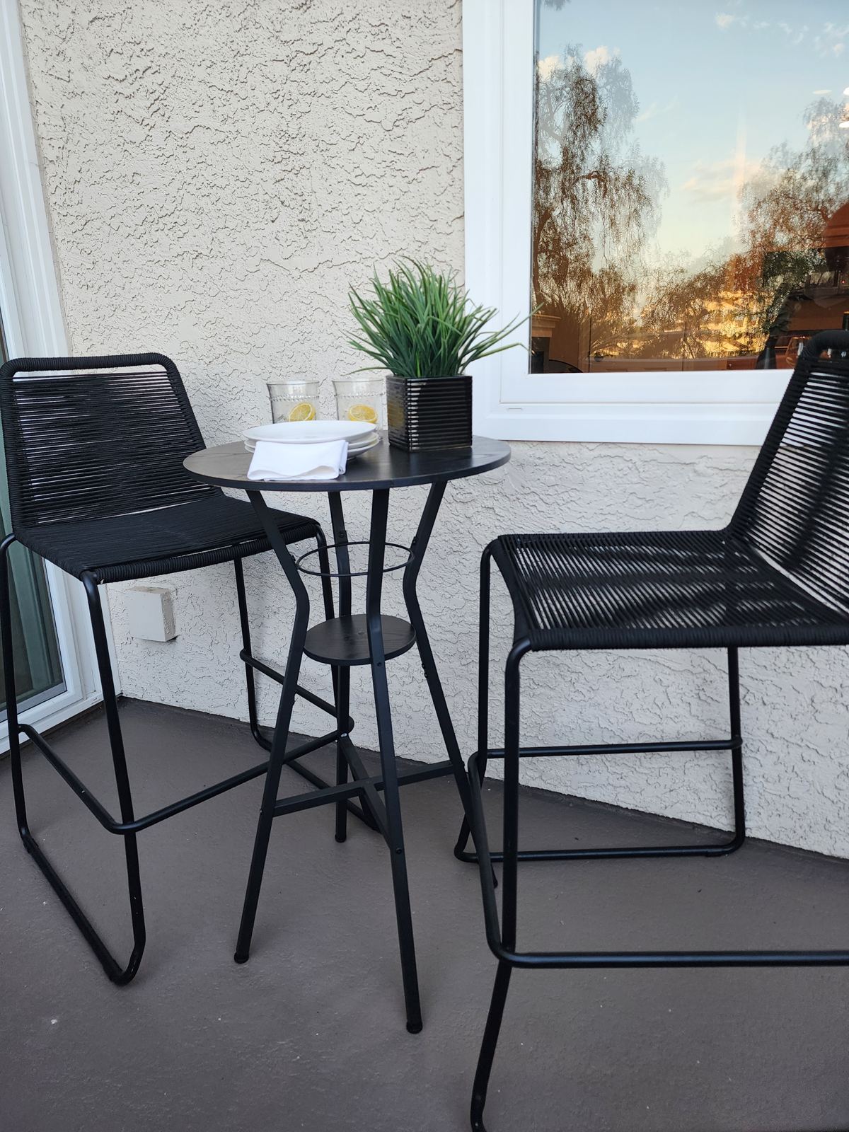 Staged patio bistro set at a Laguna Woods condo staging project