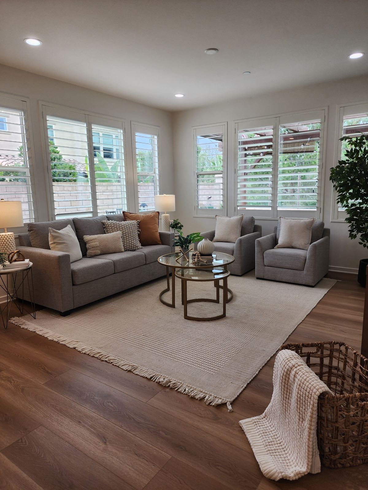 Staged living room with plantation shutters in a Lake Forest single-family home — vacant staging by Staging OC