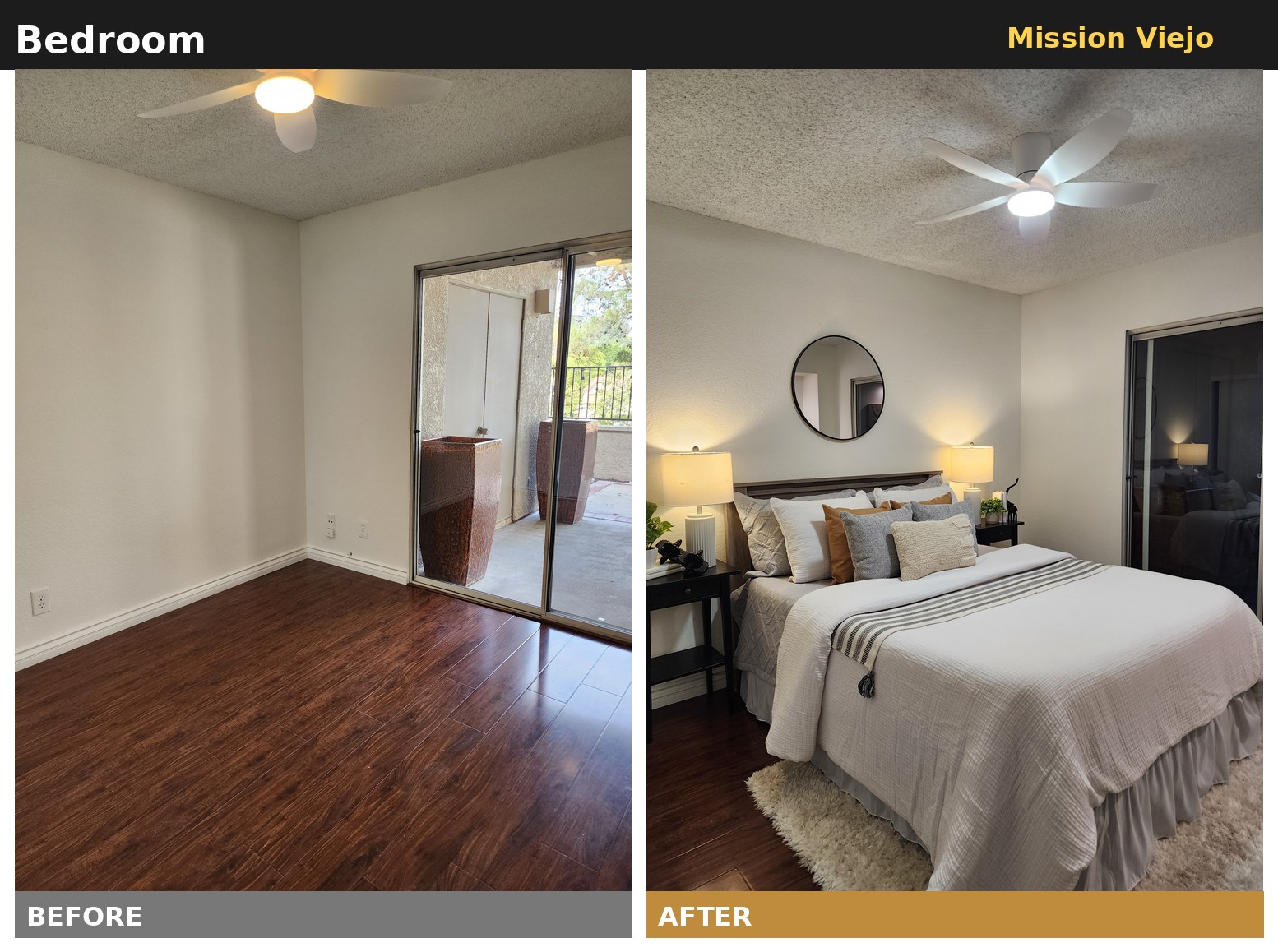 Before and after home staging of a Mission Viejo bedroom by Staging OC &mdash; empty room staged with a bed, nightstands, lamps, and layered bedding