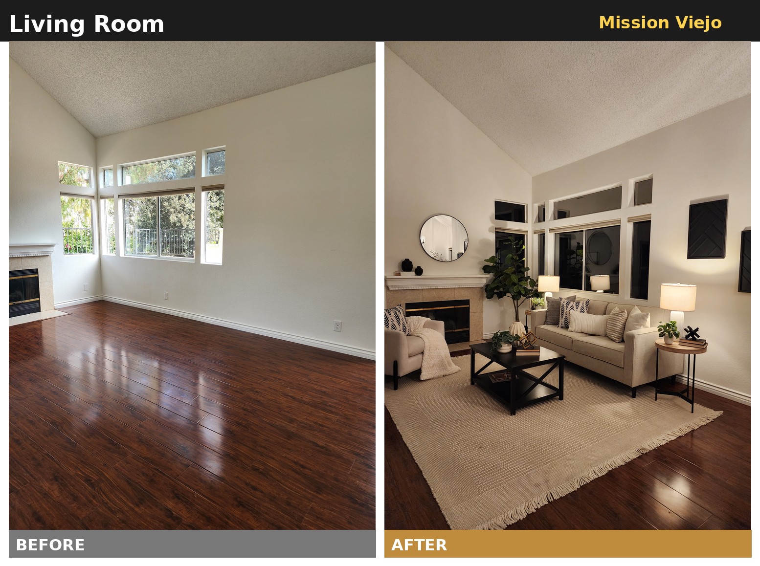 Before and after home staging of a Mission Viejo living room by Staging OC &mdash; vacant room transformed with a sofa, styled fireplace, area rug, and warm lighting